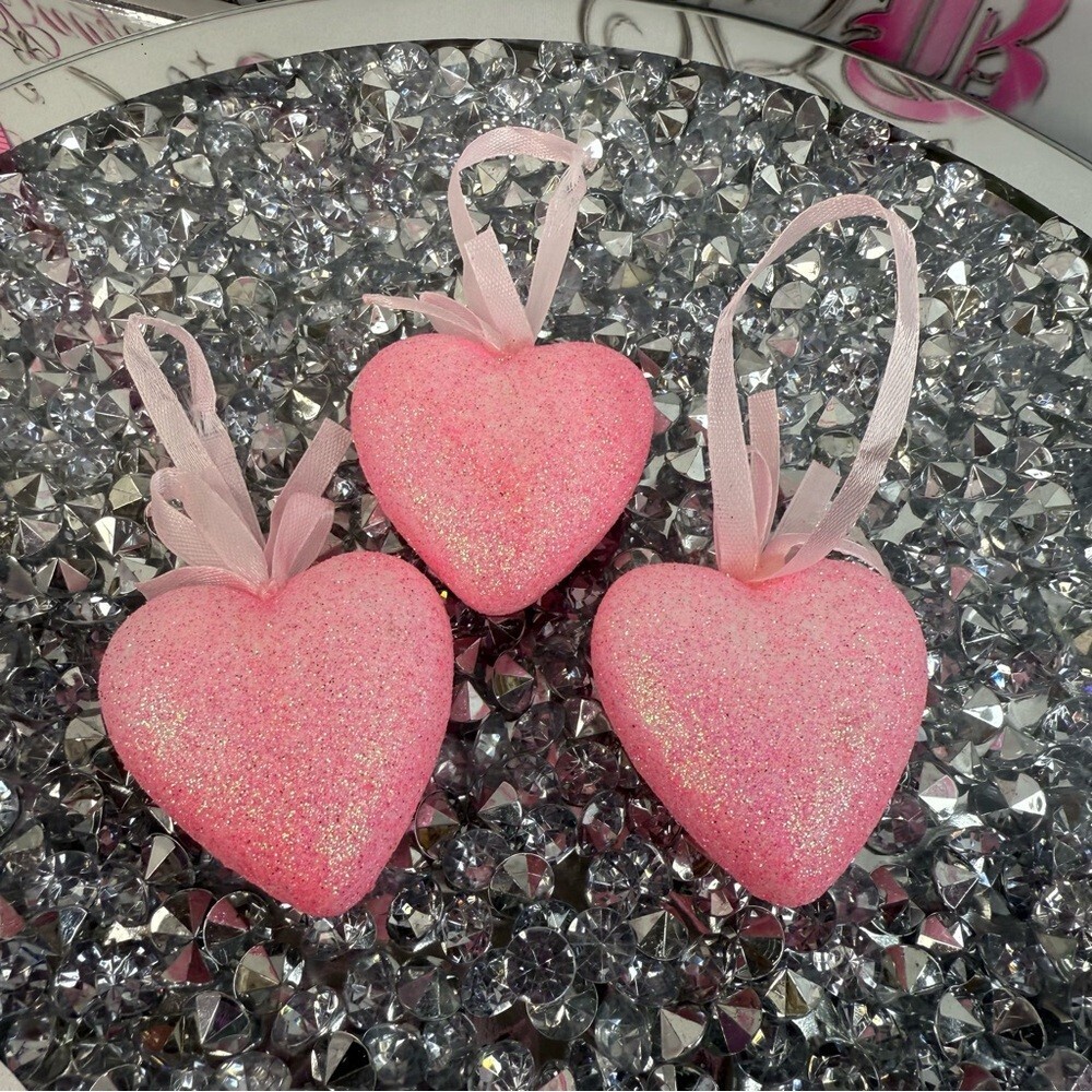 Pink Glitter Heart Ornaments - Set of 3 hanging sparkly